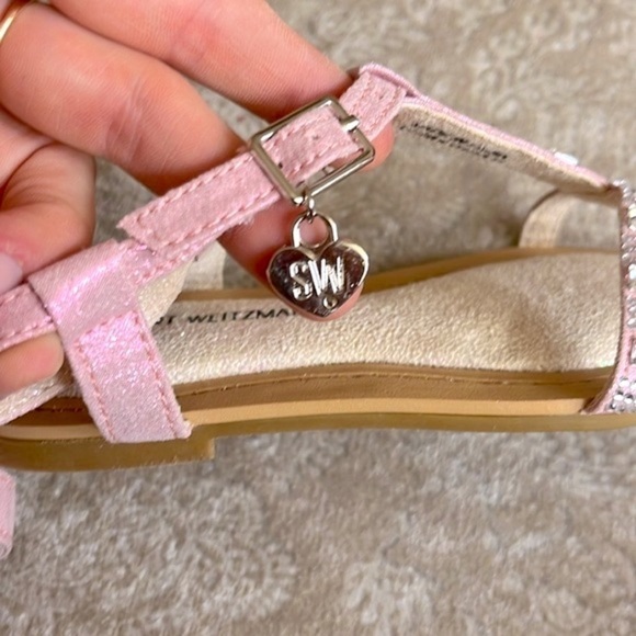 Brand New Stuart Weitzman Rose Pink Ankle Strap Padded Girls Sandals Beaded Gems - Picture 5 of 15